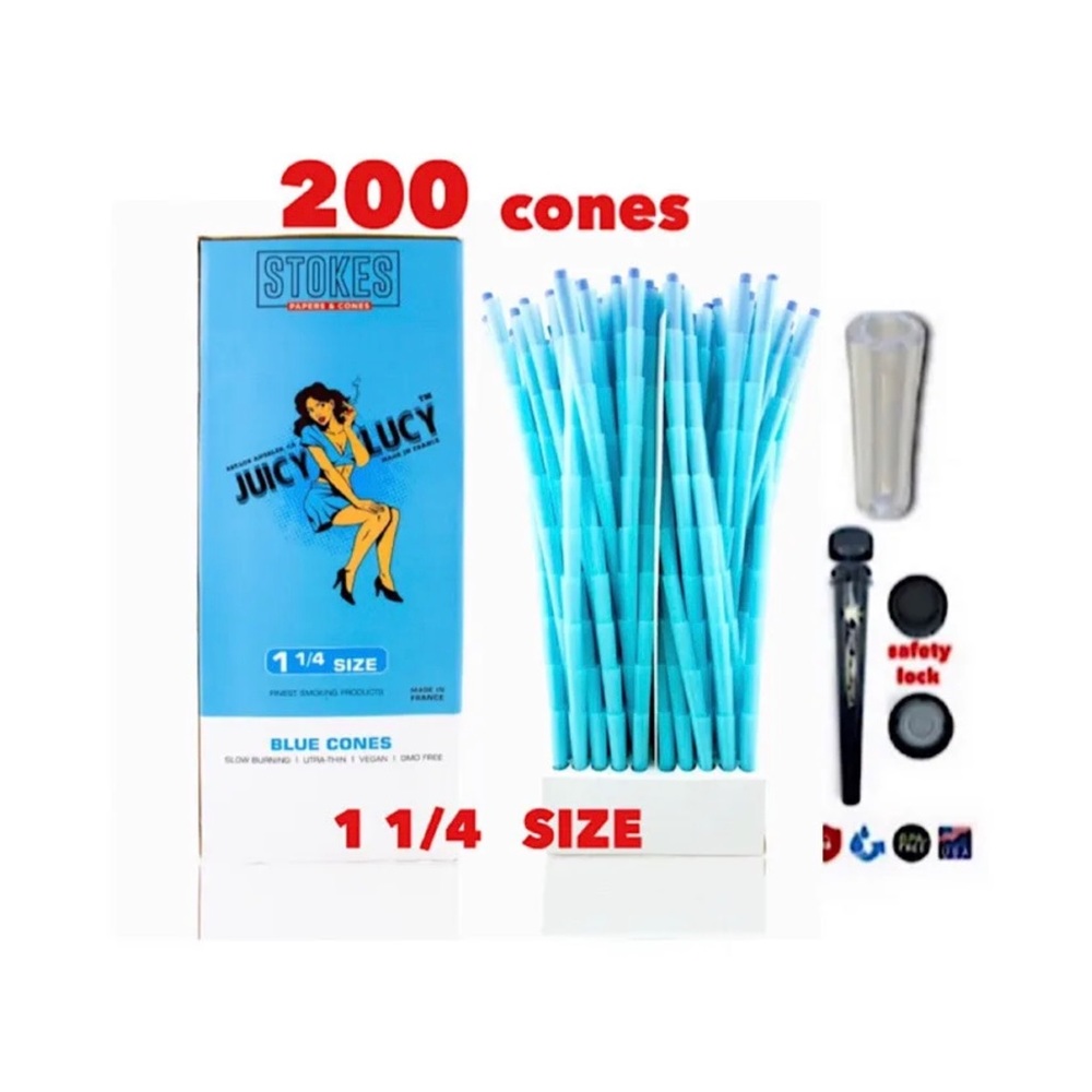JUICY LUCY BLUE prerolled cone 1 1/4size 200 cones + tube+glass tip